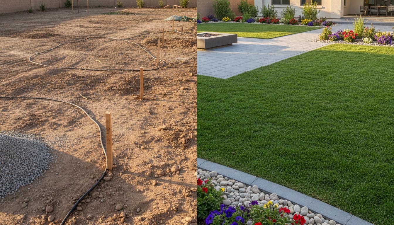 Before and after comparison showing rough construction yard transformed into completed outdoor living space