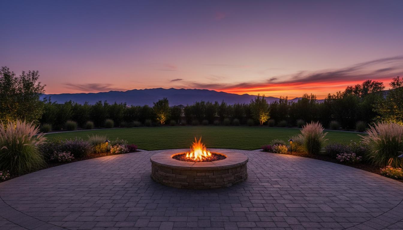 Warm dusk shot of finished backyard with fire pit and landscape lighting