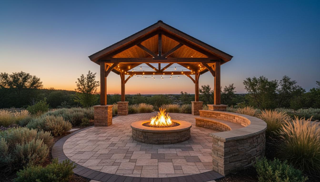 High-end backyard paver patio with gas fire pit, pavilion, and string lighting