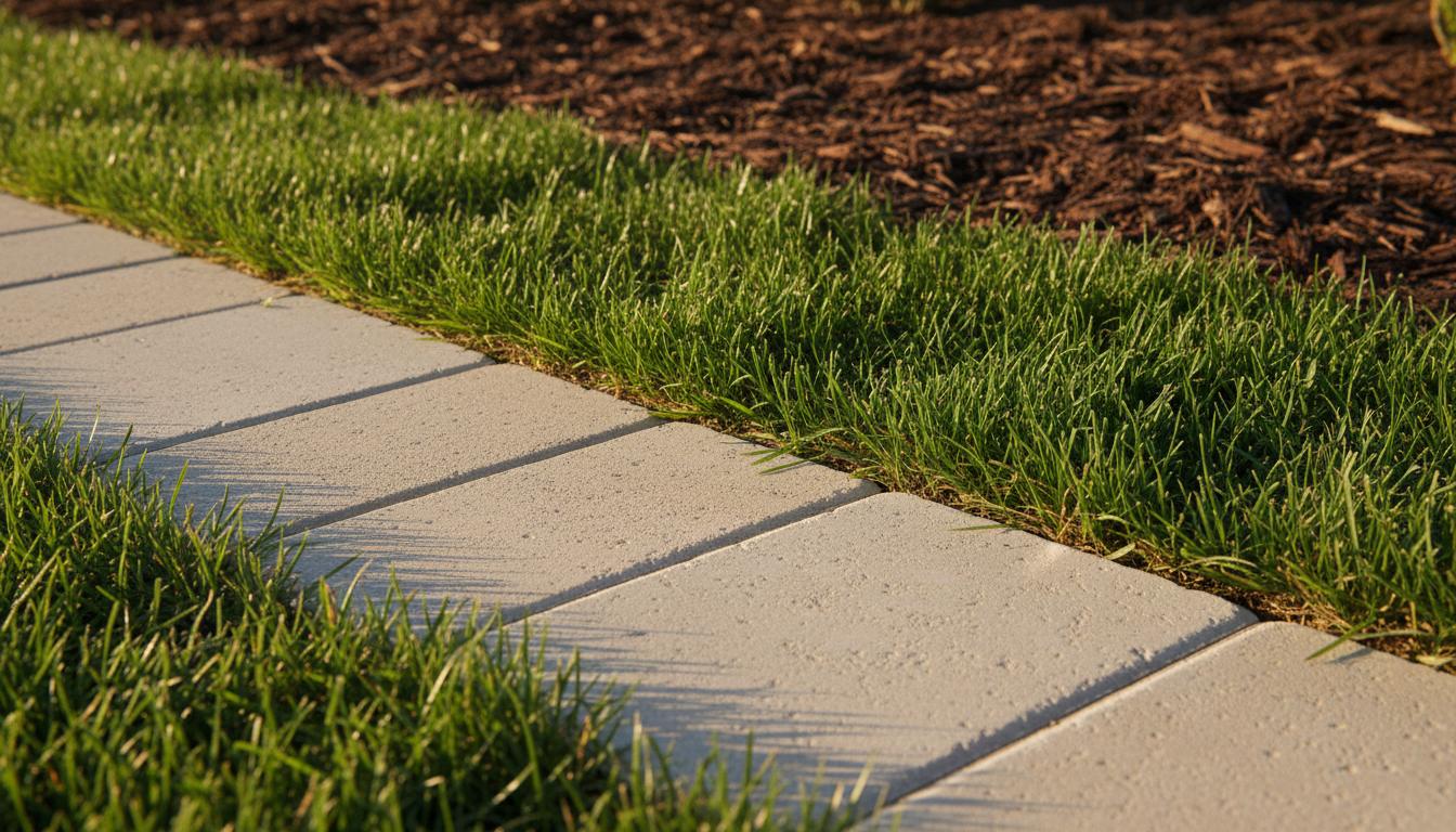 Close-up detail of clean paver edge meeting lawn and mulch bed