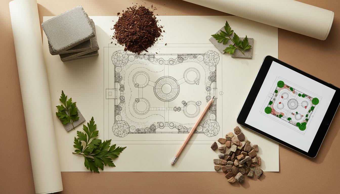 Landscape planning desk with drawings, material samples, and digital tablet