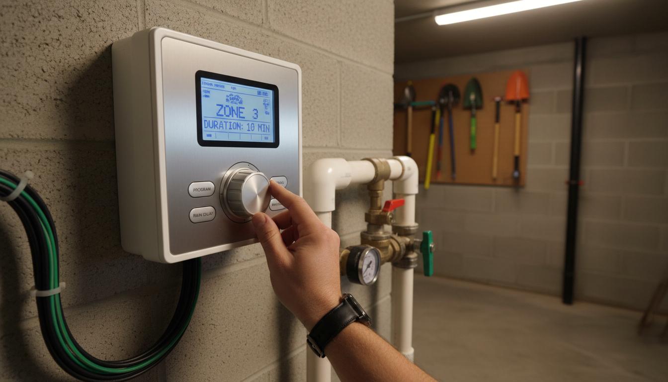 Homeowner adjusting sprinkler controller dial