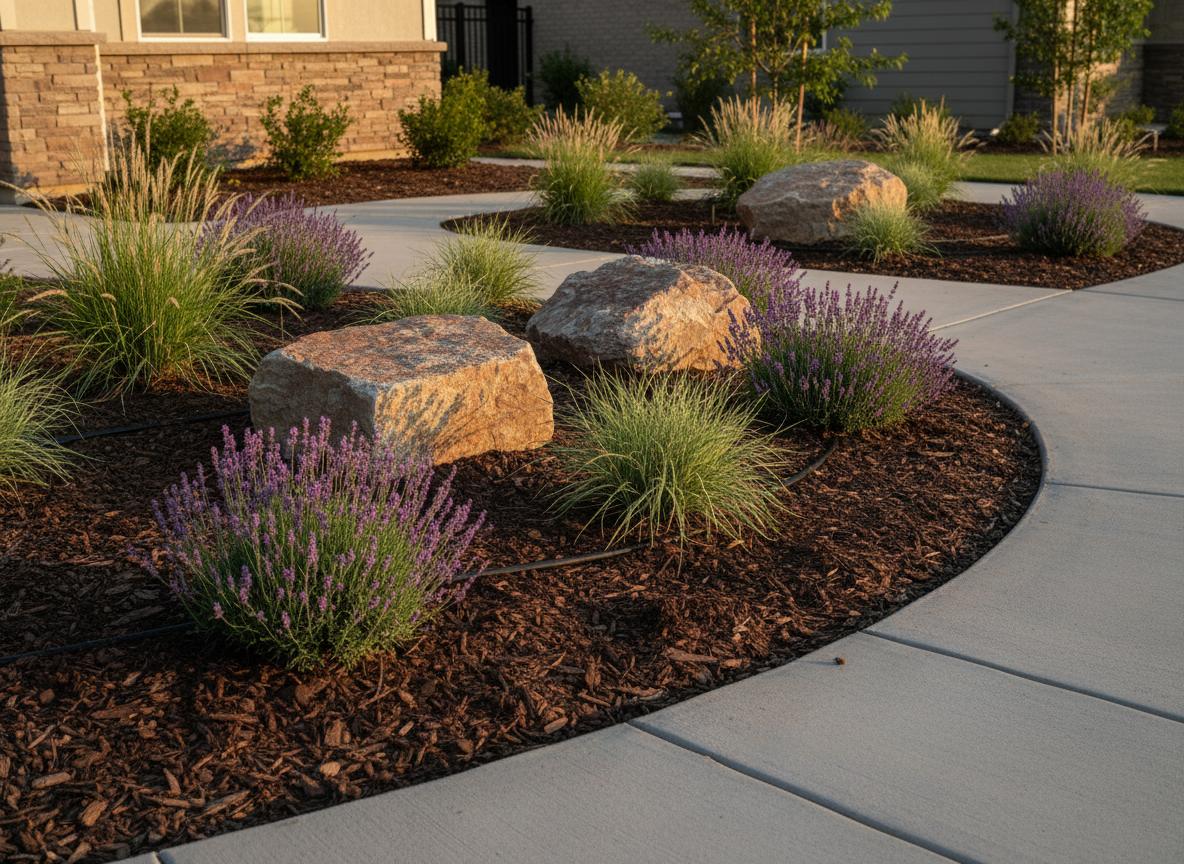 Fresh mulch bed with ornamental grasses and boulders
