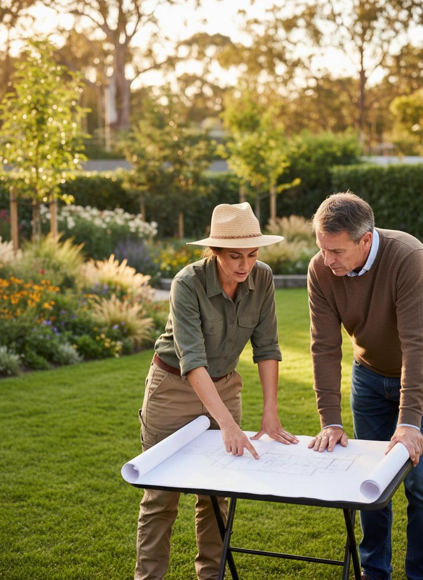 Professional landscape project manager reviewing plans with homeowner